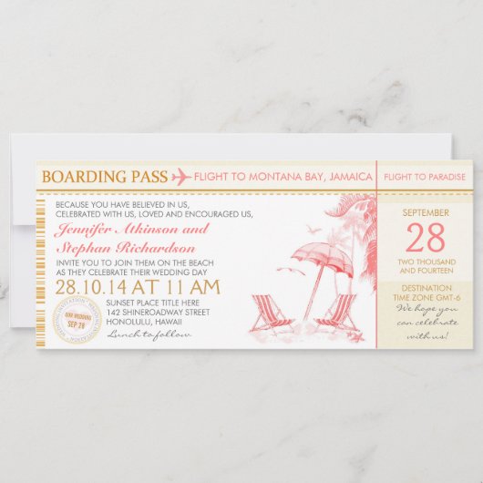 トロピカルボーディングパス目的地の結婚式招待状 招待状 (正面)