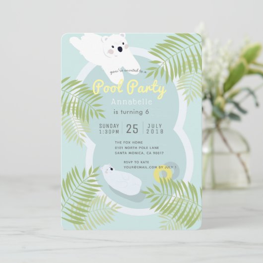 トロピカルポーラーベアプールパーティー誕生日招待状 招待状 (スタンド正面)