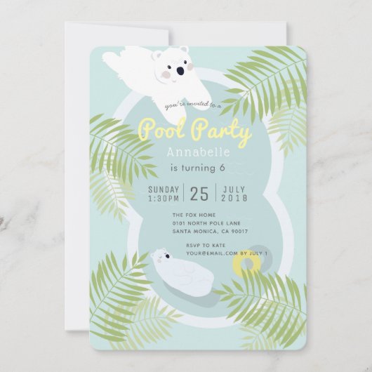 トロピカルポーラーベアプールパーティー誕生日招待状 招待状 (正面)
