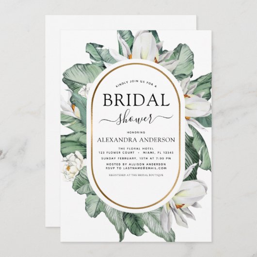 トロピカルマグノリアブライダルシャワーフローラ水彩 招待状 (正面/裏面)