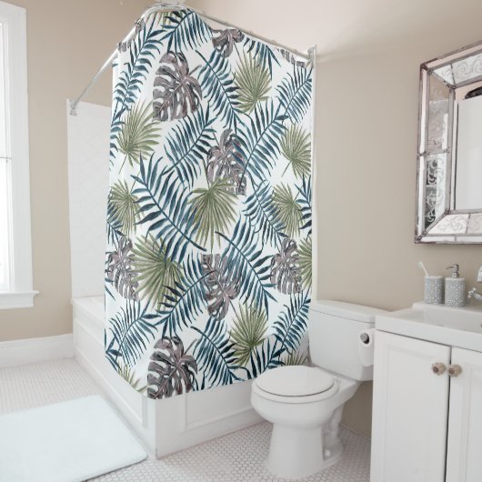 トロピカルマヴェグリーンパーム葉ウォーターカラーアート シャワーカーテン (インサイチュ)