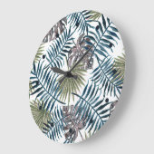 トロピカルマヴェグリーンパーム葉ウォーターカラーアート ラージ壁時計 (傾斜)