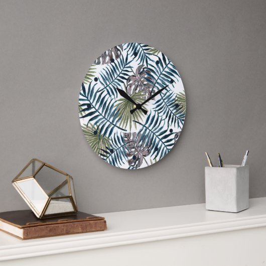 トロピカルマヴェグリーンパーム葉ウォーターカラーアート ラージ壁時計 (オフィス)