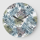 トロピカルマヴェグリーンパーム葉ウォーターカラーアート ラージ壁時計 (正面)