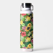 トロピカルミックスフルーツ、花や葉黒の ウォーターボトル (背面)