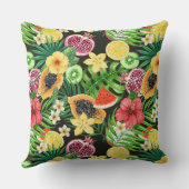 トロピカルミックスフルーツ、花や葉黒の クッション (裏面)