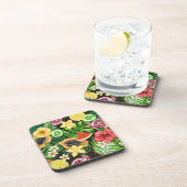 トロピカルミックスフルーツ、花や葉黒の コースター (右側)