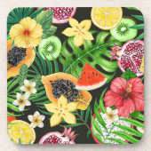 トロピカルミックスフルーツ、花や葉黒の コースター (正面)
