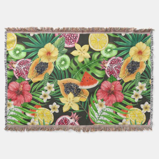 トロピカルミックスフルーツ、花や葉黒の スローブランケット (正面)