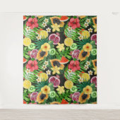 トロピカルミックスフルーツ、花や葉黒の タペストリー (正面)