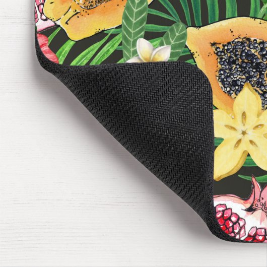 トロピカルミックスフルーツ、花や葉黒の マウスパッド (コーナー)