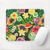 トロピカルミックスフルーツ、花や葉黒の マウスパッド (マウス)