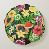 トロピカルミックスフルーツ、花や葉黒の ラウンドクッション (裏面)