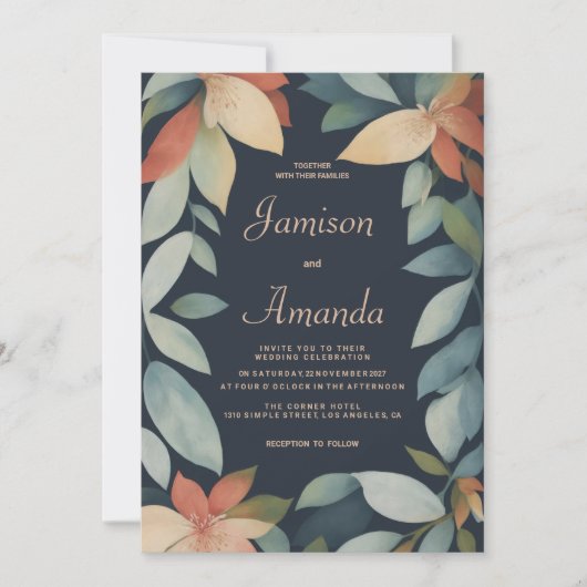 トロピカルミントオレンジ色のネイビーブルーフローラ結婚ズ 招待状 (正面)