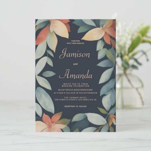 トロピカルミントオレンジ色のネイビーブルーフローラ結婚ズ 招待状 (スタンド正面)