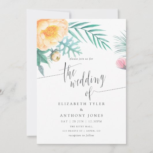 トロピカルミントフローラウォーターカラー結婚式招待状 招待状 (正面)
