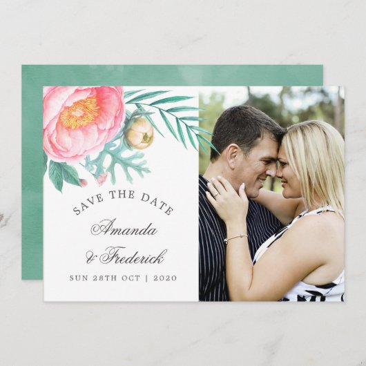 トロピカルミントフローラ夏の結婚式の日付を保存 セーブザデート (正面/裏面)