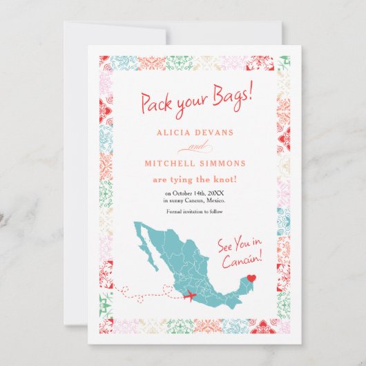 トロピカルメキシコの地図と目的地の結婚式 セーブザデート (正面)