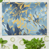 トロピカルメタリックブルーイエローリーフデザイン キッチンタオル (折り畳み)