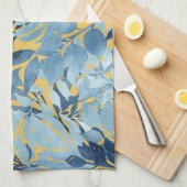 トロピカルメタリックブルーイエローリーフデザイン キッチンタオル (四つ折り)