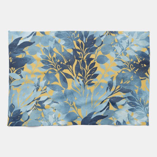 トロピカルメタリックブルーイエローリーフデザイン キッチンタオル (横)