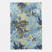 トロピカルメタリックブルーイエローリーフデザイン キッチンタオル (縦)