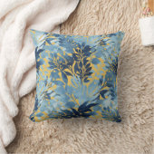 トロピカルメタリックブルーイエローリーフデザイン クッション (ブランケット)