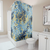 トロピカルメタリックブルーイエローリーフデザイン シャワーカーテン (インサイチュ)
