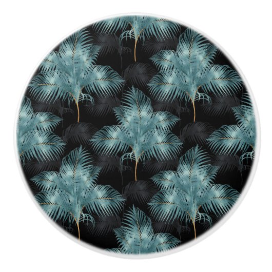 トロピカルメタリックブルー&金ゴールドパーム葉ズサマー セラミックノブ (正面)