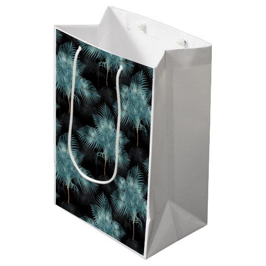 トロピカルメタリックブルー&金ゴールドパーム葉ズサマー ミディアムペーパーバッグ (正面アングル)