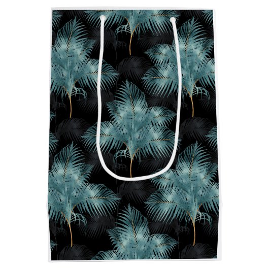 トロピカルメタリックブルー&金ゴールドパーム葉ズサマー ミディアムペーパーバッグ (裏面)