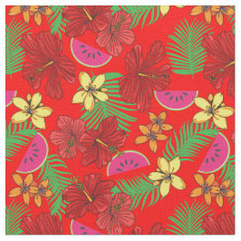 トロピカルメロンとパーム葉の赤い花の模様 ファブリック