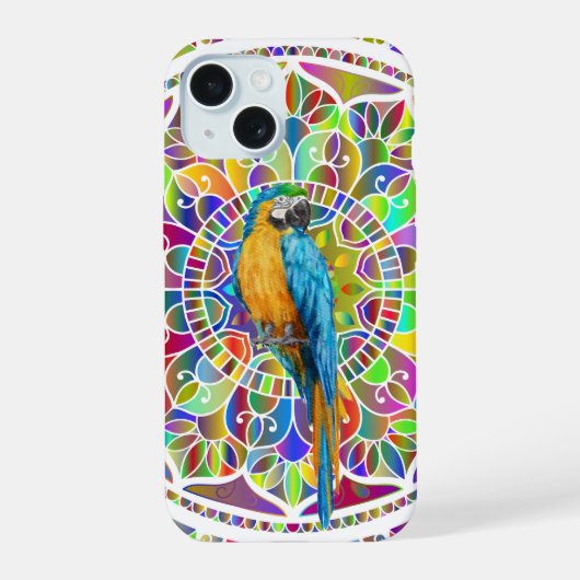 トロピカルモザイク - ルーシーゴンドウインコの曼荼羅 iPhone 15ケース (裏面)