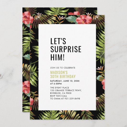 トロピカルモダンサプライズ大人の誕生日パーティー 招待状 (正面/裏面)