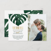 トロピカルモダンスイスチーズリーフ金ゴールド婚約 案内状 (正面/裏面)