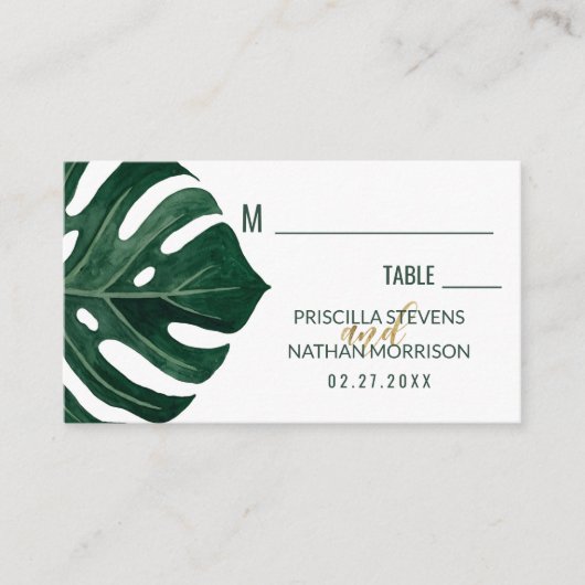 トロピカルモダンスイスチーズリーフ金ゴールド結婚ズ プレイスカード (正面)