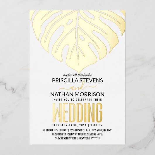 トロピカルモダンスイスチーズリーフ金ゴールド結婚ズ 箔招待状 (正面)