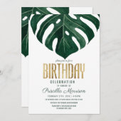 トロピカルモダンスイスチーズリーフ金ゴールド誕生日 招待状 (正面/裏面)
