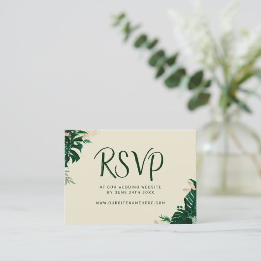 トロピカルモダンテーマの結婚ウェブサイトRSVP エンクロージャーカード (スタンド正面)
