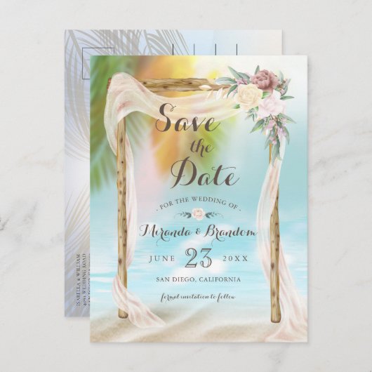 トロピカルモダンビーチアーバーウェディング日付を保存 案内ポストカード (正面/裏面)