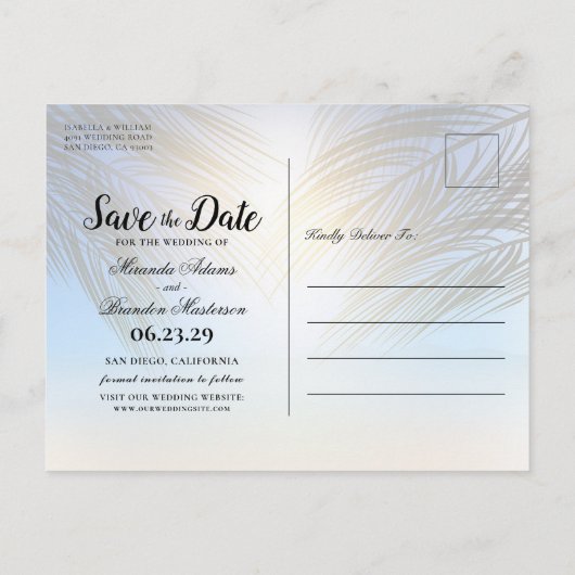 トロピカルモダンビーチアーバーウェディング日付を保存 案内ポストカード (裏面)