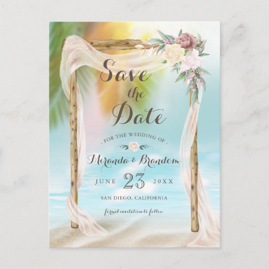 トロピカルモダンビーチアーバーウェディング日付を保存 案内ポストカード (正面)
