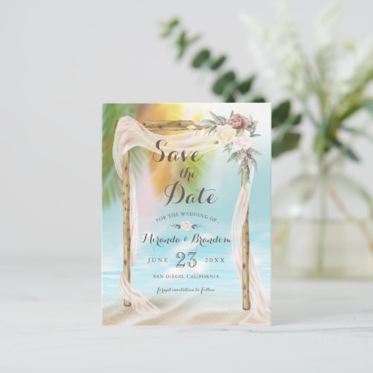 トロピカルモダンビーチアーバーウェディング日付を保存 案内ポストカード (スタンド正面)