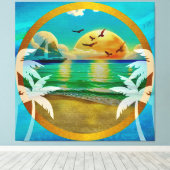 トロピカルモダンビーチパームツリーズサンセットバケーション キャンバスプリント (インサイチュ (ウッドフロア))