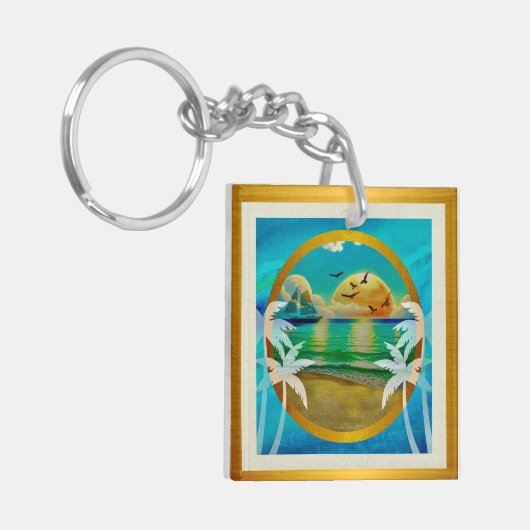 トロピカルモダンビーチパームツリーズサンセットバケーション キーホルダー (正面左)