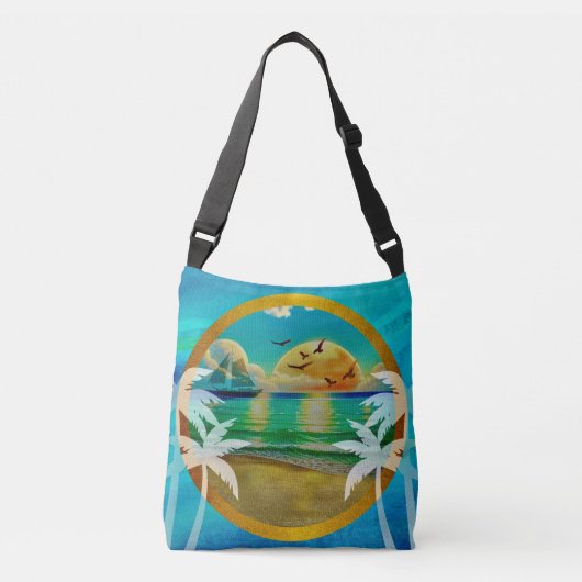 トロピカルモダンビーチパームツリーズサンセットバケーション クロスボディバッグ (正面)