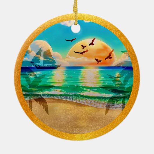 トロピカルモダンビーチパームツリーズサンセットバケーション セラミックオーナメント (裏面)