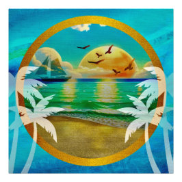 トロピカルモダンビーチパームツリーズサンセットバケーション フォトプリント