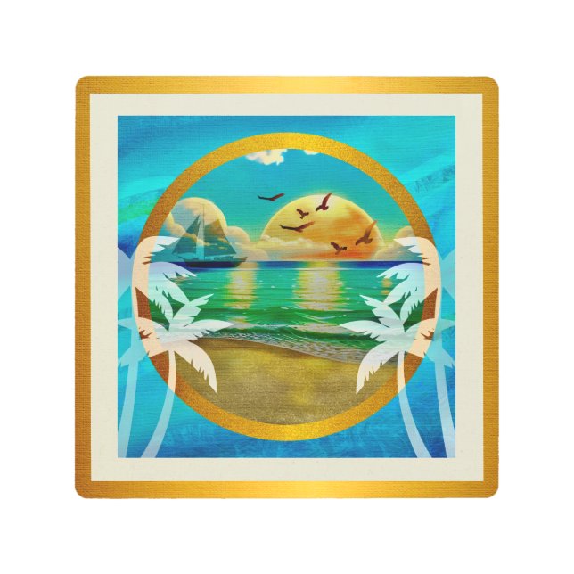 トロピカルモダンビーチパームツリーズサンセットバケーション メタルプリント (正面)