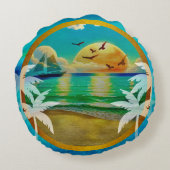 トロピカルモダンビーチパームツリーズサンセットバケーション ラウンドクッション (裏面)